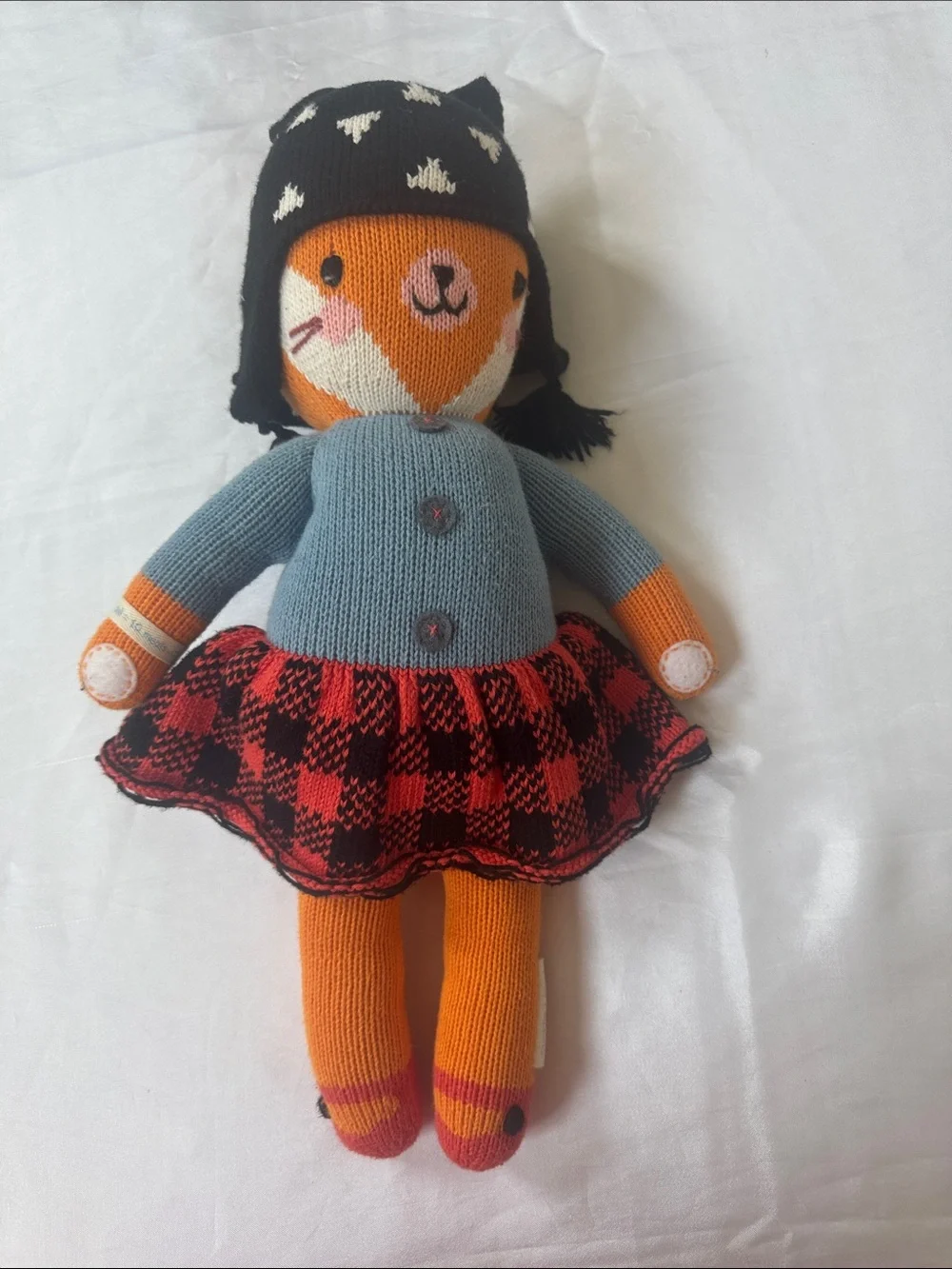 Cuddle +Kind Handmade Orange Fox Knit Doll with Blue Sweater and Black Hat